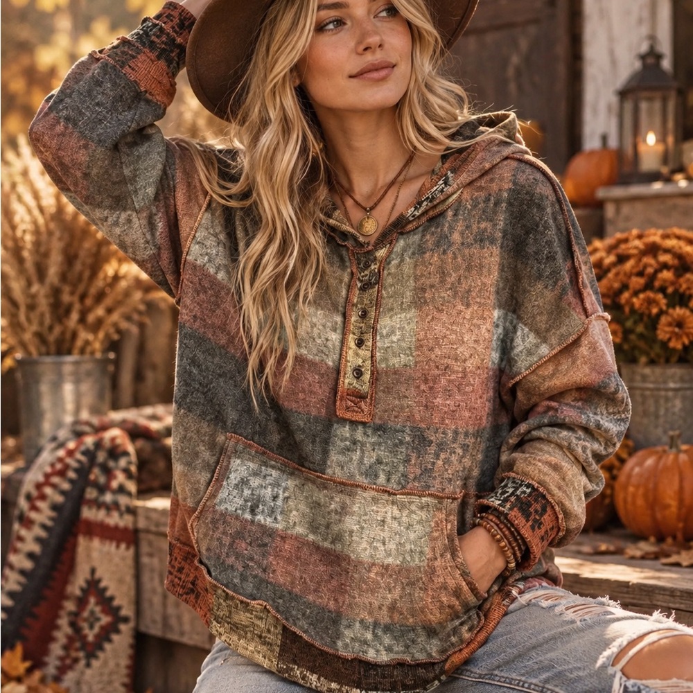 Cozy Patchwork Plaid Hooded Sweatshirt - Autumn Multi